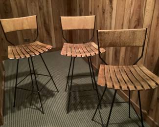 Mid century modern Arthur Umanoff metal rush set of three bar stools.  Presale $695