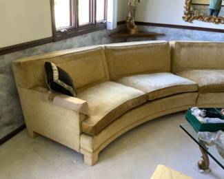 Awesome MCM two piece gold velvet curved sofa.  In terrific shape.  $395 presale