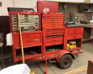 Thi set of tool boxes have been welded onto this cart,  portable tool will travel!  Make an offer