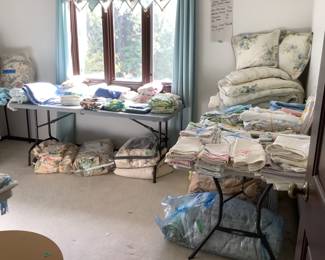 Huge variety of bedroom linens in twin, queen and king sizes.  Sheets, comforters, handmade pillowcases and more