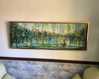 Turquoise and green rectangular oil painting.