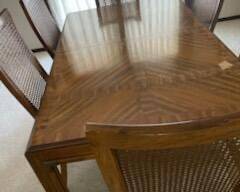 Beautiful Drexel Heritage MCM table with two leaves and six chairs.  Measures 60” l x 36” w .  Leaves are 20” each.   Presale $475
