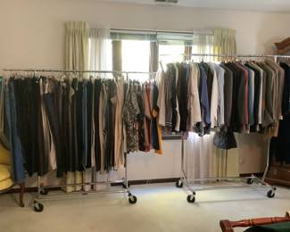 Large selection of mens clothing.  Most shirts and jackets are large and xtra large.  Pants are 36 and 38” waist.