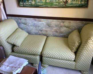 Two seat chaise…in olive green and ivory.  Presale $295