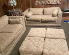 Off White sofa and loveseat with four ottomans for additional seating and storage. Whole set $100.