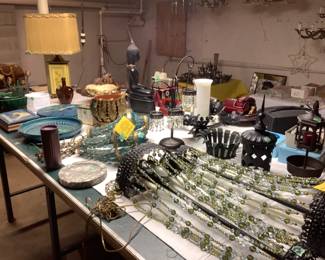 MCM wall sconces, TV lights, Italian designer clock and bowl, brass plant holder,