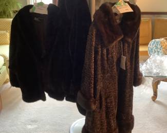 Beautiful mink jacket, full length Swakara Persian lamb trimmed in mink, Mutton fur 3/4 coat and wool coat trimmed in mink. Mink hat also.