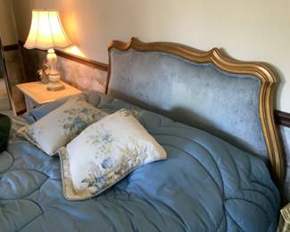 Blue velvet queen headboard with frame, box spring and mattress.  Presale $500 measures 59” w x 45” h