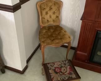 Gold velvet side chair and hand stitched ottoman with gold accent