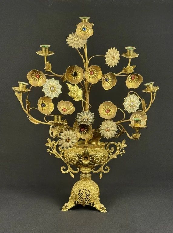 Antique French Floral Brass Candelabra
