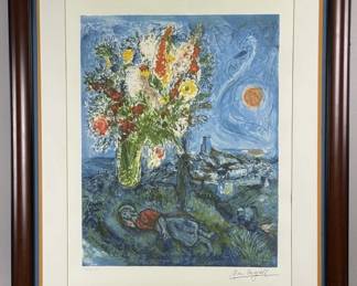 Marc Chagall Signed Lithograph Blue With Bouquet