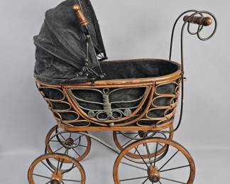 Antique-Style Wicker and Metal Doll's Pram