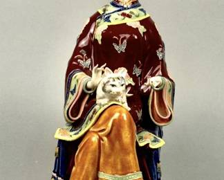 Vintage Chinese Shiwan Porcelain Lady w Cat