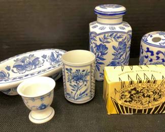 Vintage Collectible Blue White Bathroom Items