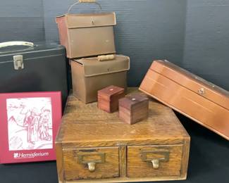 Antique Oak Globe Index File Metal Boxes
