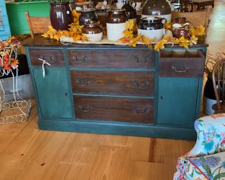 Refinished vintage buffet table, assorted crocks