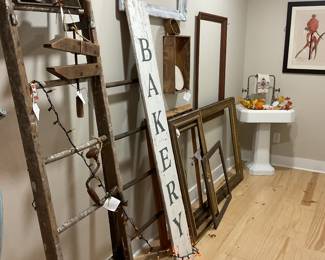 Vintage ladders, frames, antique sink