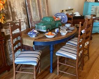 Vintage table, reupholstered ladder back chairs, blue and white ware