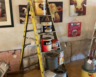 Vintage ladder, vintage chip cans, old scales