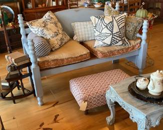 Headboard bench, pillows, ottoman