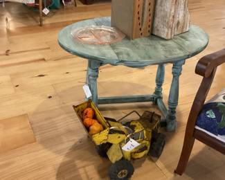 Drop leaf small table, antique metal toys, corbals