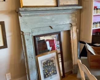 Antique mantle, artwork, mirrors