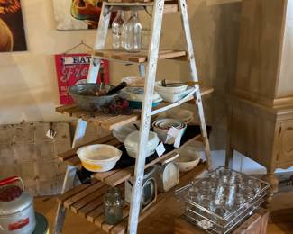 Vintage display ladder, Pyrex, glass ware