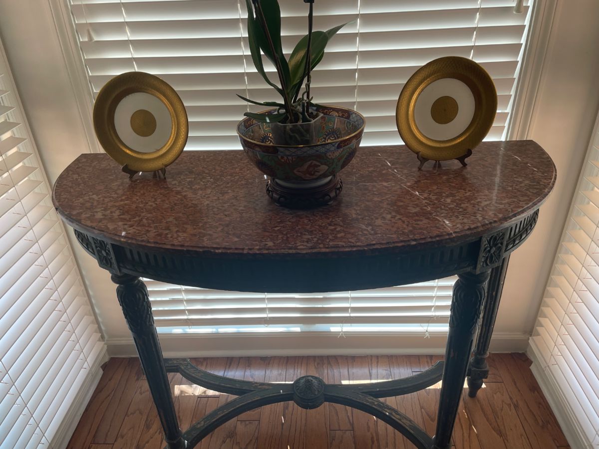 F905 Pair of Mercier Freres Paris marble top Demilune console tables; intricate details, original paint. $1800 pair