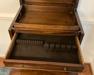 F902 Vintage walnut silverware chest Queen Anne legs with lift top storage, removable tray, and lined drawers for silverware $325