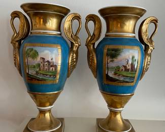 A742. 13” Pair of French hand-painted porcelain swan-handle mantel urns $350 pair