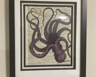 U20. 12”x16” framed octopus print on vintage dictionary page $20