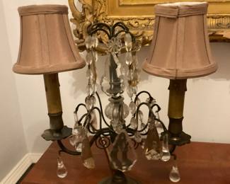 B899 Pair of vintage crystal and brass electric candelabra lamps $75