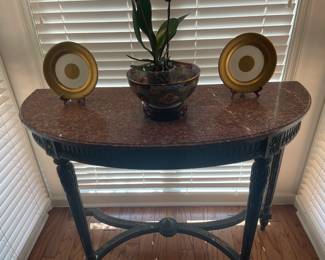 F905 Pair of Mercier Freres Paris marble top Demilune console tables; intricate details, original paint. $1800 pair