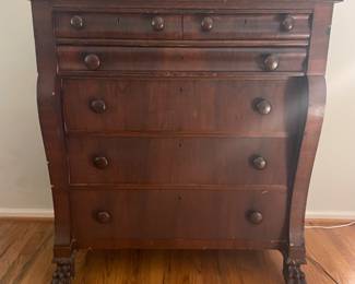 U 45 Mid 19th century Empire Mahogany dresser, carved pawed feet 46”h x 42”w x 22”d. $375