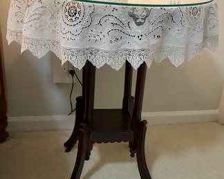 U805Victorian wooden base with plywood top, covered with and vintage lace cloth 30” $25