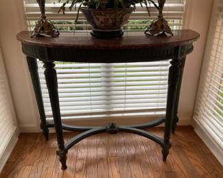 F905 Pair of Mercier Freres Paris marble top demilune console tables; intricate details, original paint. $1800 pair