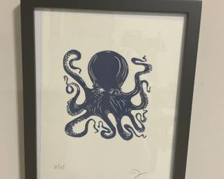 U46 9”x11” Limited Edition Octopus Linocut Print, framed $25