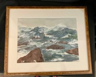 B139. 22”x18.5. Signed original Watercolor seascape “Rocky Shore and Waves” $85