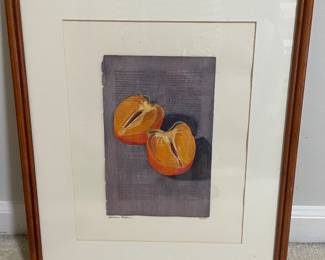 U818 Framed mixed media painting, persimmons on scripture page  $40