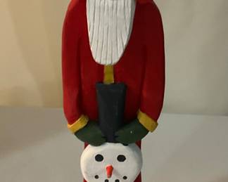 C412. Hand carved and painted Santa and snowman 10” $10