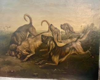 B182. 30”x24.5 antique painting “Hunting Dogs Tracking Scent” stretched on original canvas $175
