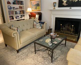 F906 Sherrill Furniture tufted Chesterfield-style sofa, neutral color with brass nailhead trim, turned arms, turned wooden feet. Excellent condition $1000