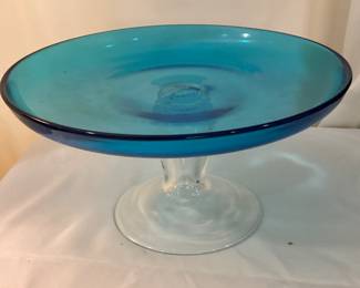 K224. Blue glass pedestal cake stand $15