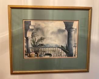 A98 framed watercolor “Balcony Overlooking the Sea”. $75