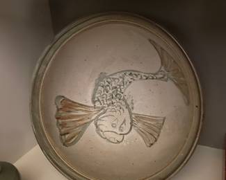 A758 14” large Hand-thrown pottery bowl with fish motif $30