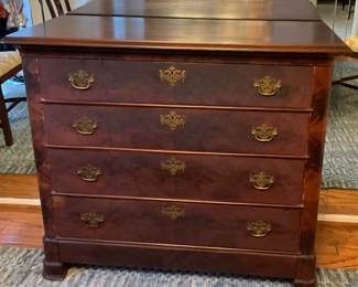 F901 vintage mahogany 5-drawer chest with brass pulls and “secret” bottom drawer. $325