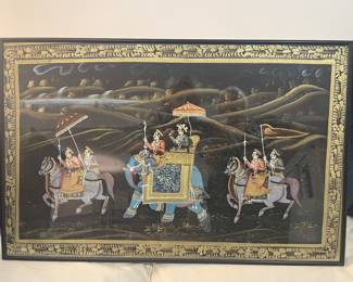 B184. 29x18.5 Hand-painted Indian silk artwork Royal procession scene $75