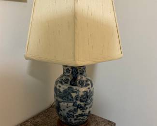 U 803. 23” blue and white porcelain vase lamp with applied floral handles $25