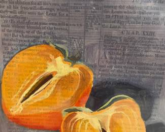 U818 Framed mixed media painting, persimmons on scripture page  $40