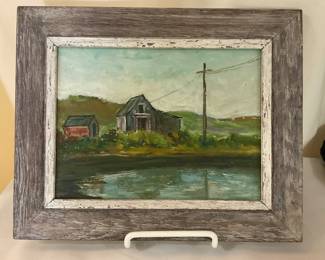 B112. Vintage oil painting “Barn by the Pond”. $25